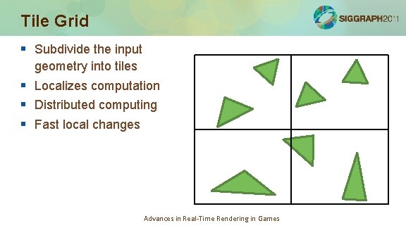 Tile Grid § Subdivide the input geometry into tiles § § § Localizes computation