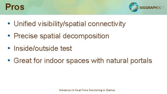 Pros • Unified visibility/spatial connectivity • Precise spatial decomposition • Inside/outside test • Great