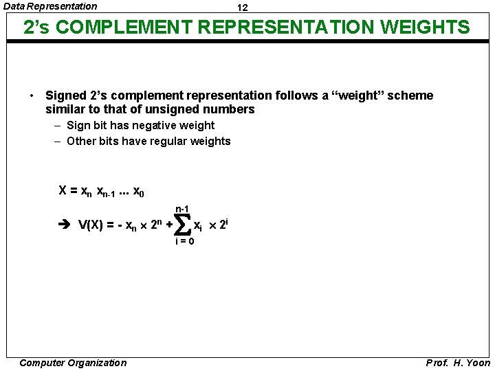 Data Representation 12 2’s COMPLEMENT REPRESENTATION WEIGHTS • Signed 2’s complement representation follows a