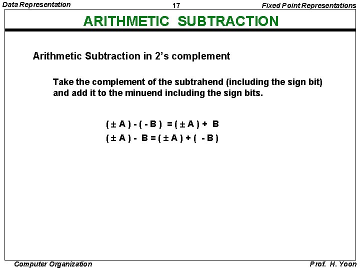 Data Representation 17 Fixed Point Representations ARITHMETIC SUBTRACTION Arithmetic Subtraction in 2’s complement Take