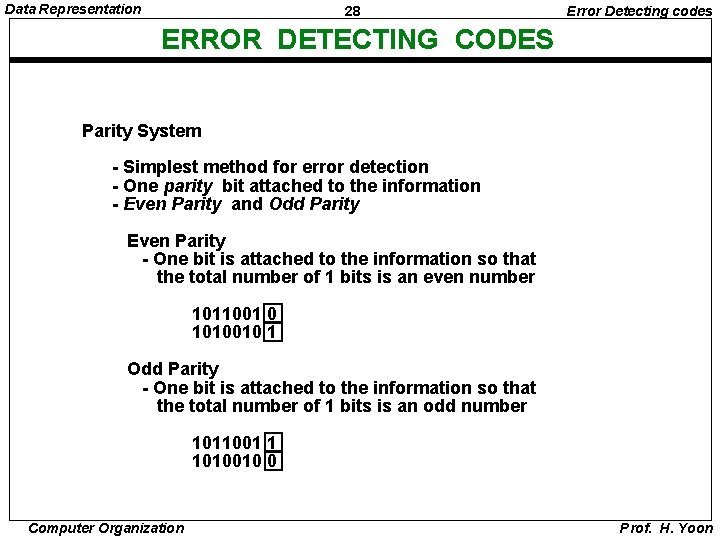 Data Representation 28 Error Detecting codes ERROR DETECTING CODES Parity System - Simplest method