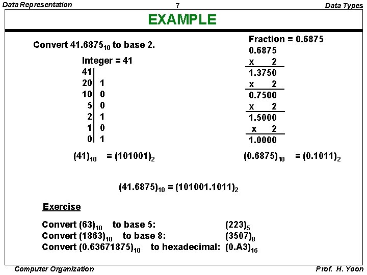 Data Representation 7 Data Types EXAMPLE Convert 41. 687510 to base 2. Integer =
