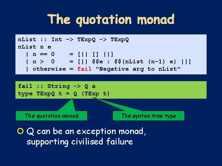 The quotation monad n. List : : Int -> n. List n e | The quotation monad n. List : : Int -> n. List n e |