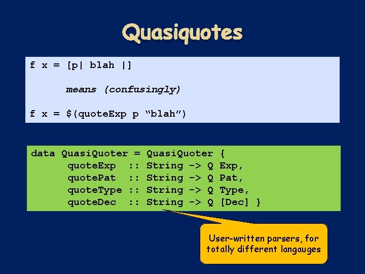 Quasiquotes f x = [p| blah |] means (confusingly) f x = $(quote. Exp