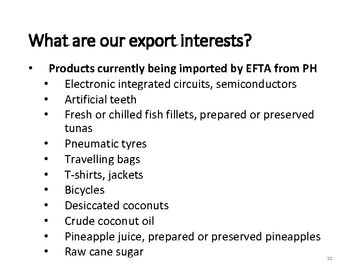 What are our export interests? • Products currently being imported by EFTA from PH