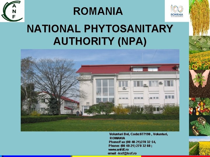 ROMANIA NATIONAL PHYTOSANITARY AUTHORITY (NPA) Voluntari Bvl, Code: 077190 , Voluntari, ROMANIA Phone/Fax (00