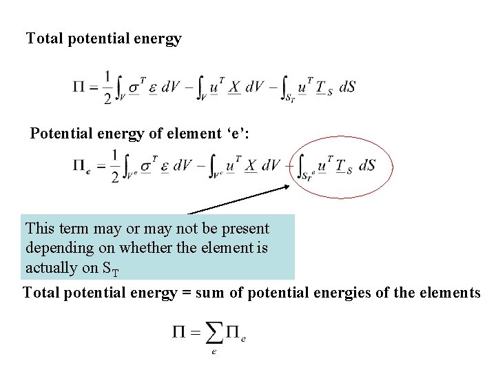 Total potential energy Potential energy of element ‘e’: This term may or may not