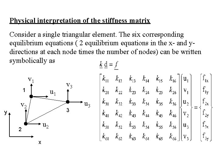 Physical interpretation of the stiffness matrix Consider a single triangular element. The six corresponding