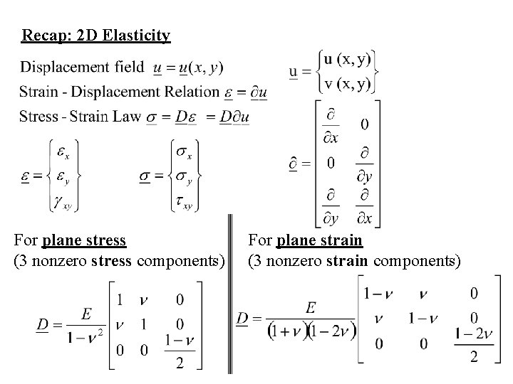 Recap: 2 D Elasticity For plane stress (3 nonzero stress components) For plane strain