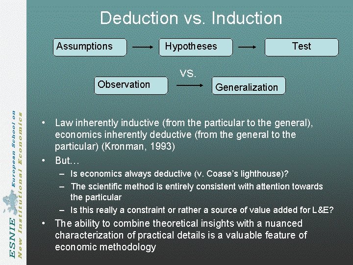 Deduction vs. Induction Assumptions Observation Hypotheses Test vs. Generalization • Law inherently inductive (from Deduction vs. Induction Assumptions Observation Hypotheses Test vs. Generalization • Law inherently inductive (from