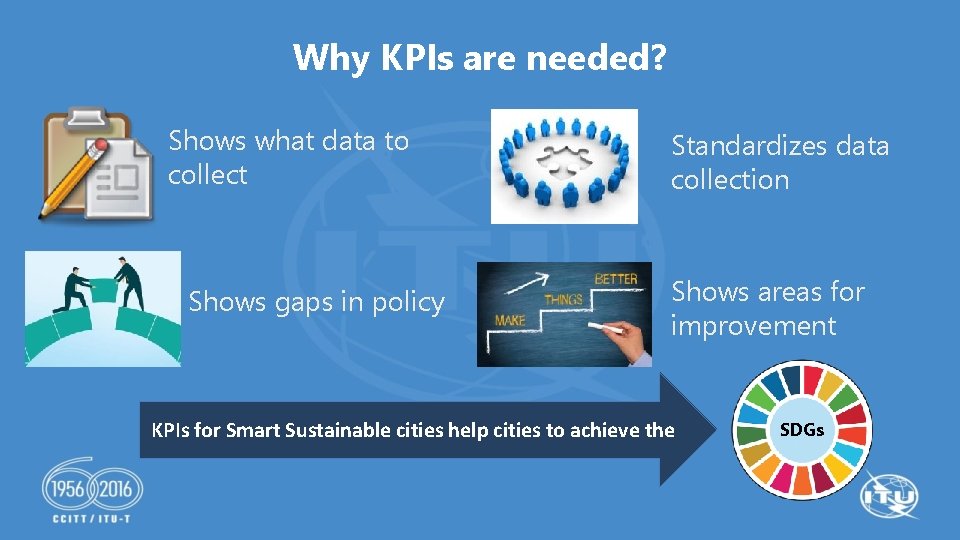 Why KPIs are needed? Shows what data to collect Shows gaps in policy Standardizes