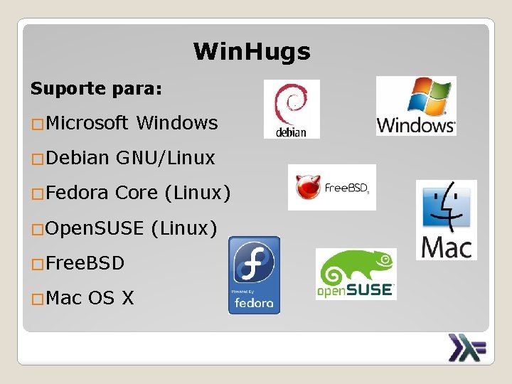 Win. Hugs Suporte para: �Microsoft Windows �Debian GNU/Linux �Fedora Core (Linux) �Open. SUSE (Linux)