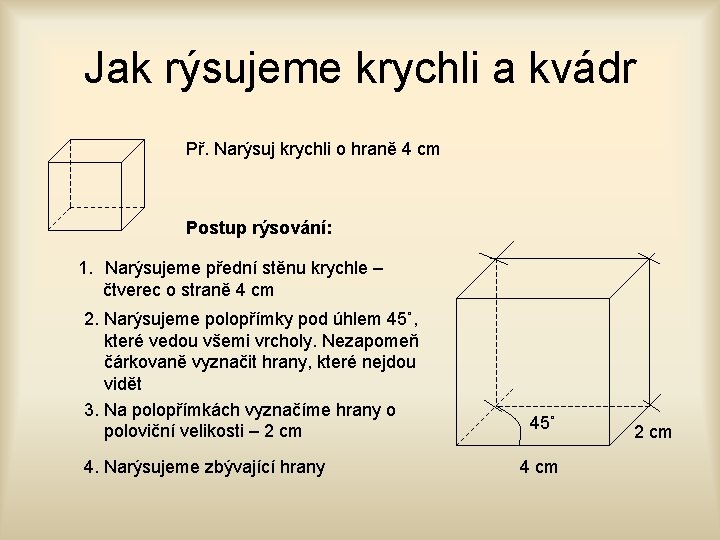 Jak rýsujeme krychli a kvádr Př. Narýsuj krychli o hraně 4 cm Postup rýsování: