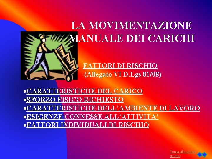 LA MOVIMENTAZIONE MANUALE DEI CARICHI FATTORI DI RISCHIO (Allegato VI D. Lgs 81/08) ·CARATTERISTICHE