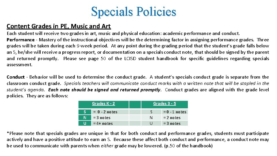 Specials Policies Content Grades in PE, Music and Art Each student will receive two