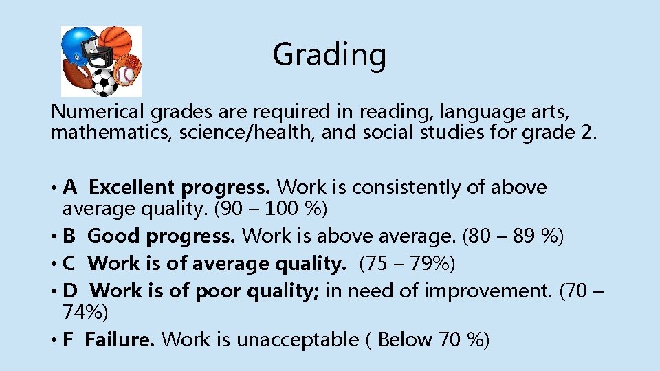 Grading Numerical grades are required in reading, language arts, mathematics, science/health, and social studies