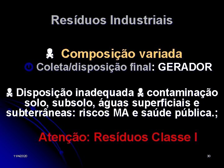 Resíduos Industriais Composição variada Coleta/disposição final: GERADOR Disposição inadequada contaminação solo, subsolo, águas superficiais