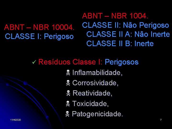 ABNT – NBR 1004. ABNT – NBR 10004. CLASSE II: Não Perigoso CLASSE I: