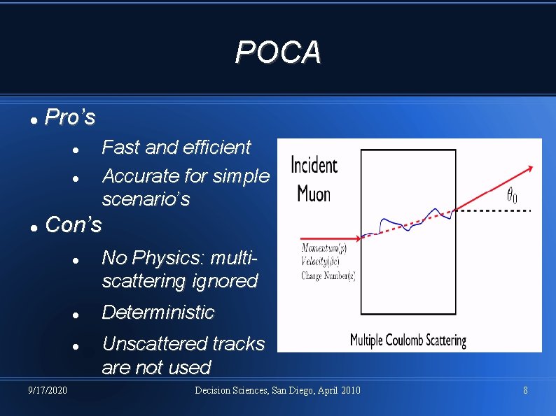 POCA Pro’s Fast and efficient Accurate for simple scenario’s Con’s 9/17/2020 No Physics: multiscattering POCA Pro’s Fast and efficient Accurate for simple scenario’s Con’s 9/17/2020 No Physics: multiscattering