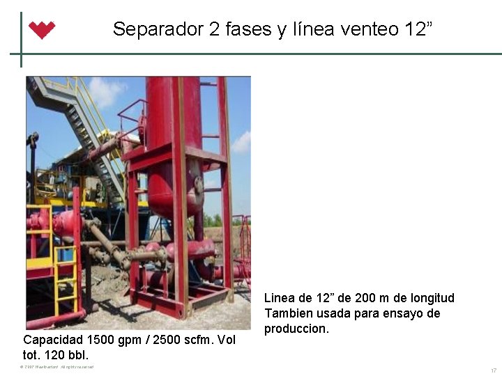 Separador 2 fases y línea venteo 12” Capacidad 1500 gpm / 2500 scfm. Vol