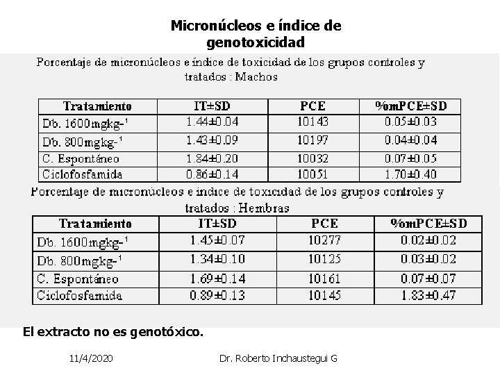Micronúcleos e índice de genotoxicidad El extracto no es genotóxico. 11/4/2020 Dr. Roberto Inchaustegui Micronúcleos e índice de genotoxicidad El extracto no es genotóxico. 11/4/2020 Dr. Roberto Inchaustegui