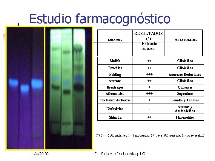 Estudio farmacognóstico ENSAYOS RESULTADOS (*) Extracto acuoso METABOLITOS Molish ++ Glicósidos Benedict ++ Glicósidos Estudio farmacognóstico ENSAYOS RESULTADOS (*) Extracto acuoso METABOLITOS Molish ++ Glicósidos Benedict ++ Glicósidos