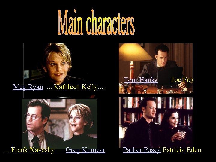 character Meg Ryan. . Kathleen Kelly. . Tom Hanks Joe Fox . . Frank