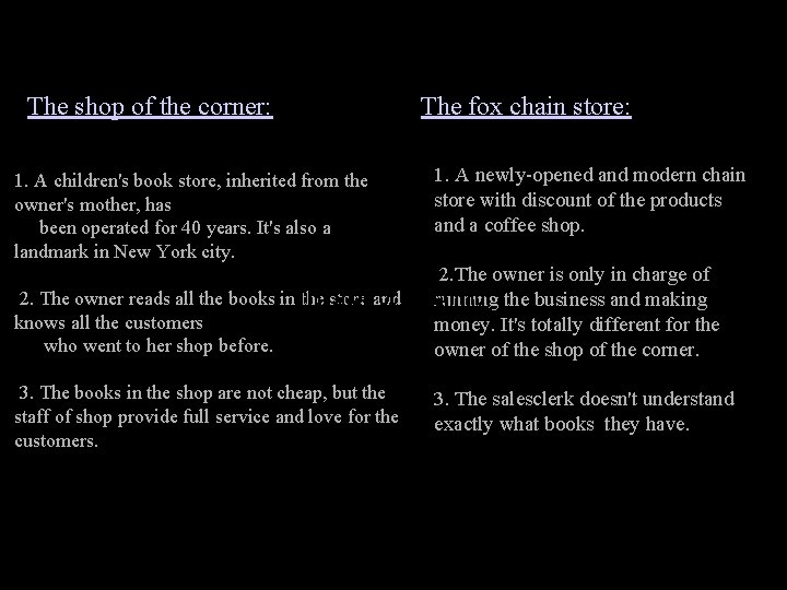 The shop of the corner: bookstores The fox chain store: 1. A children's book