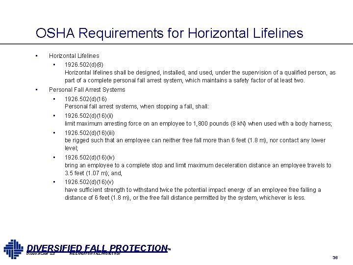 OSHA Requirements for Horizontal Lifelines • Horizontal Lifelines • • 1926. 502(d)(8) Horizontal lifelines OSHA Requirements for Horizontal Lifelines • Horizontal Lifelines • • 1926. 502(d)(8) Horizontal lifelines