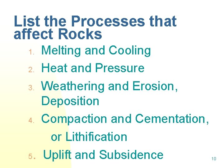 List the Processes that affect Rocks Melting and Cooling 2. Heat and Pressure 3.