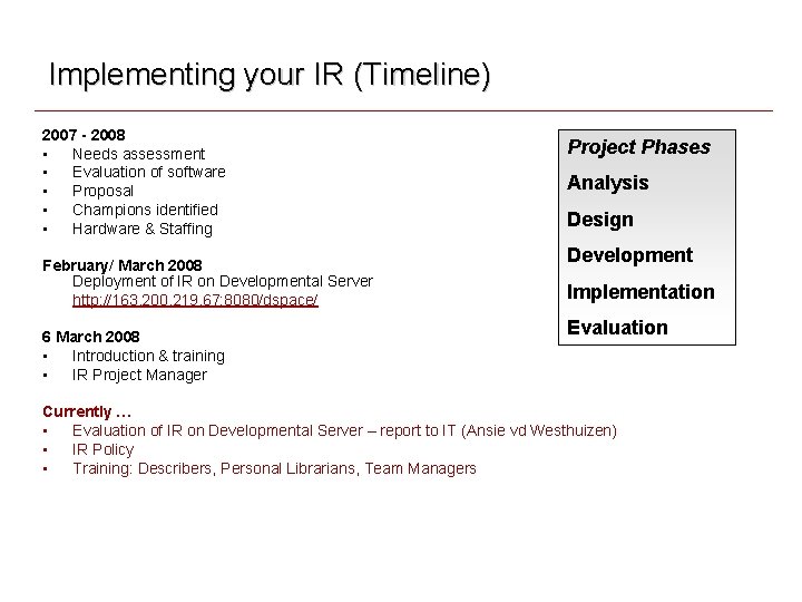 Implementing your IR (Timeline) 2007 - 2008 • Needs assessment • Evaluation of software Implementing your IR (Timeline) 2007 - 2008 • Needs assessment • Evaluation of software