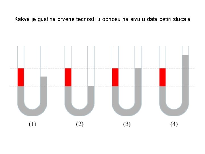 Kakva je gustina crvene tecnosti u odnosu na sivu u data cetiri slucaja 