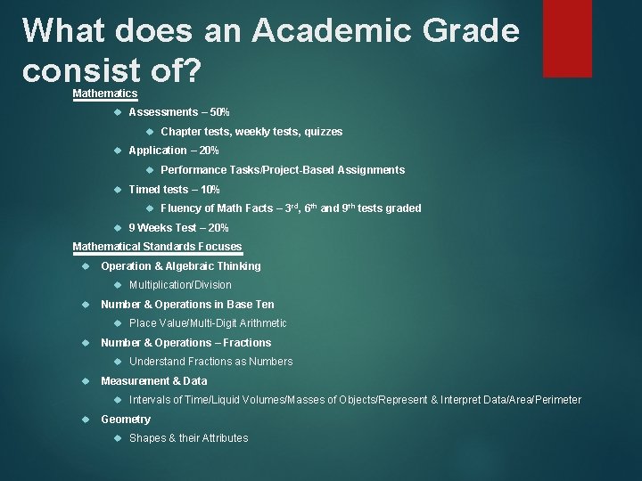 What does an Academic Grade consist of? Mathematics Assessments – 50% Chapter tests, weekly