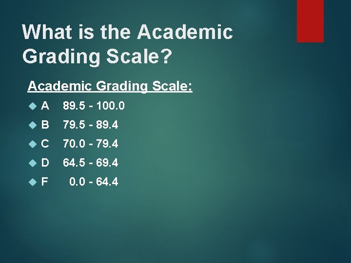 What is the Academic Grading Scale? Academic Grading Scale: A 89. 5 - 100.
