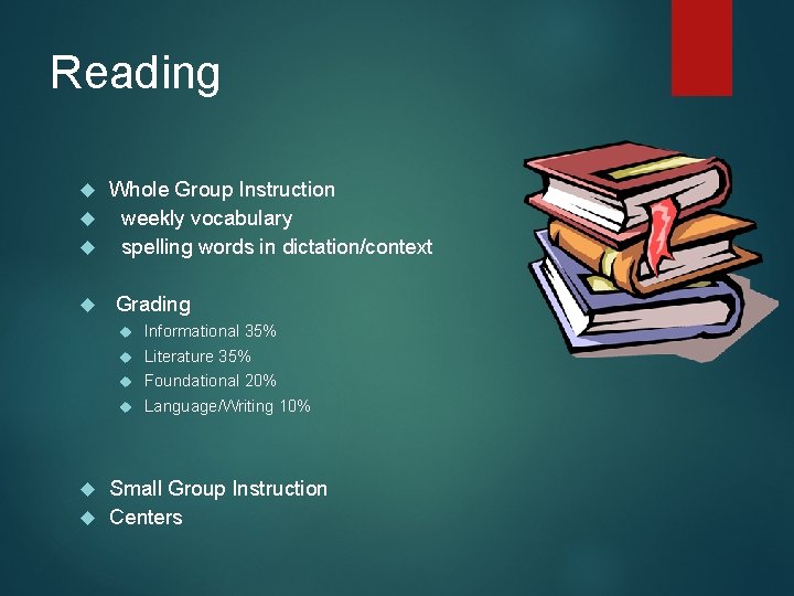 Reading Whole Group Instruction weekly vocabulary spelling words in dictation/context Grading Informational 35% Literature