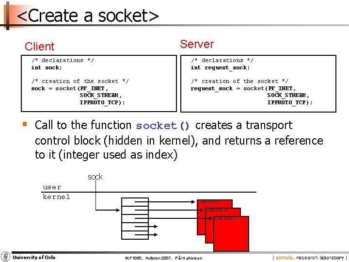 <Create a socket> Server Client /* declarations */ int sock; /* declarations */ int