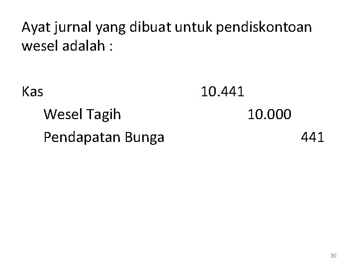 Ayat jurnal yang dibuat untuk pendiskontoan wesel adalah : Kas Wesel Tagih Pendapatan Bunga