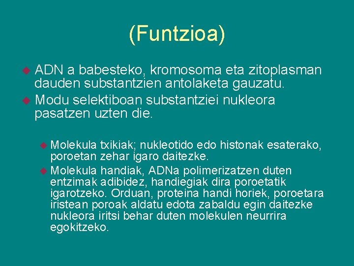 (Funtzioa) ADN a babesteko, kromosoma eta zitoplasman dauden substantzien antolaketa gauzatu. Modu selektiboan substantziei