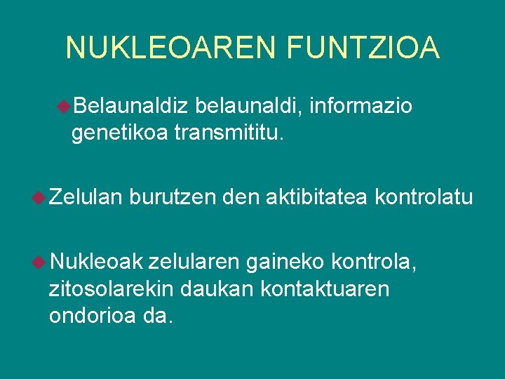 NUKLEOAREN FUNTZIOA Belaunaldiz belaunaldi, informazio genetikoa transmititu. Zelulan burutzen den aktibitatea kontrolatu Nukleoak zelularen