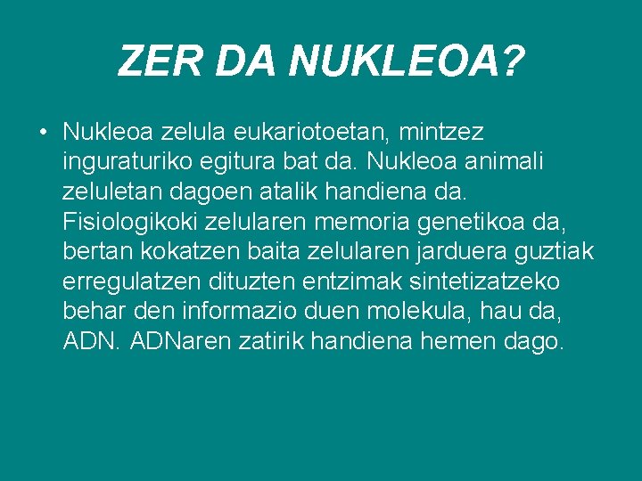 ZER DA NUKLEOA? • Nukleoa zelula eukariotoetan, mintzez inguraturiko egitura bat da. Nukleoa animali