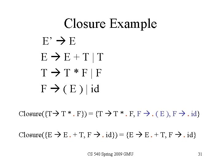 Closure Example E’ E E E+T|T T T*F|F F ( E ) | id Closure Example E’ E E E+T|T T T*F|F F ( E ) | id