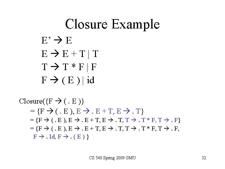 Closure Example E’ E E E+T|T T T*F|F F ( E ) | id Closure Example E’ E E E+T|T T T*F|F F ( E ) | id