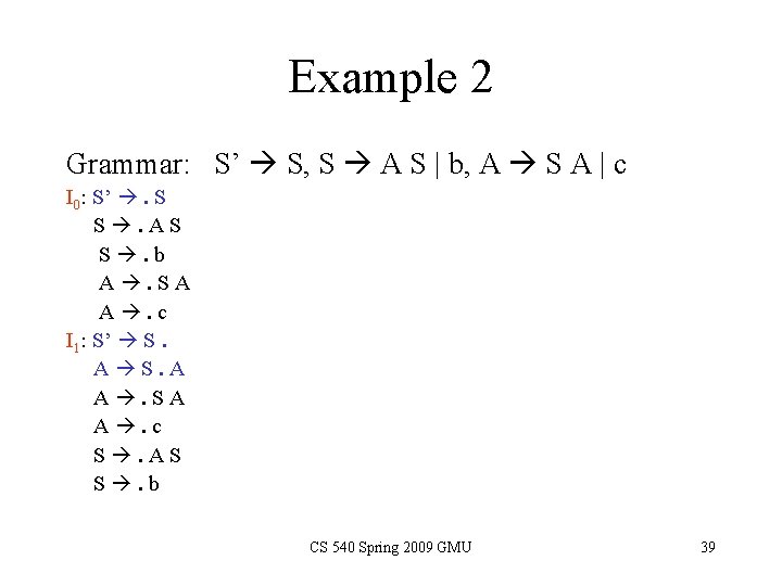 Example 2 Grammar: S’ S, S A S | b, A S A | Example 2 Grammar: S’ S, S A S | b, A S A |