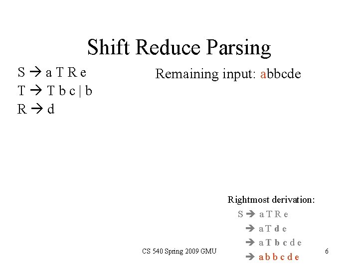 Shift Reduce Parsing S a. TRe T Tbc|b R d Remaining input: abbcde CS Shift Reduce Parsing S a. TRe T Tbc|b R d Remaining input: abbcde CS