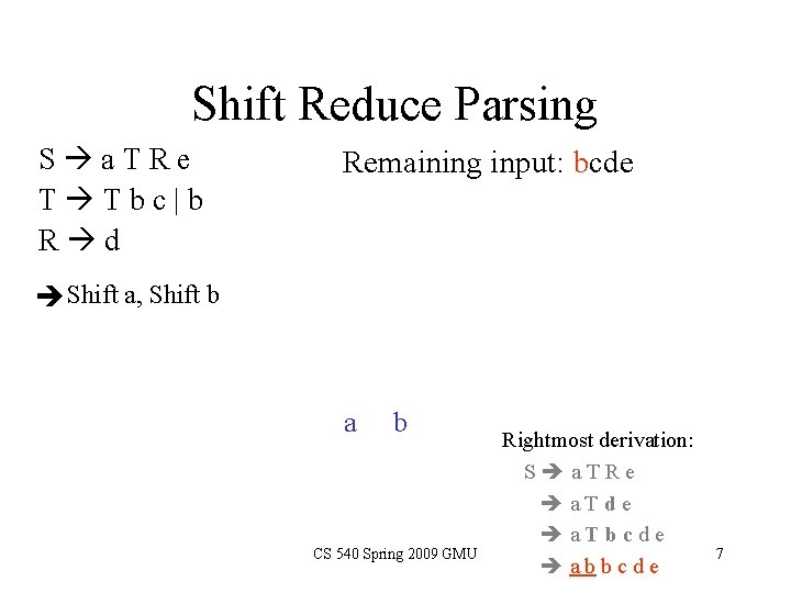 Shift Reduce Parsing S a. TRe T Tbc|b R d Remaining input: bcde Shift Shift Reduce Parsing S a. TRe T Tbc|b R d Remaining input: bcde Shift