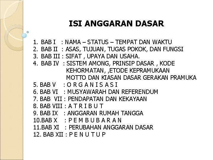 ISI ANGGARAN DASAR 1. 2. 3. 4. BAB BAB I : NAMA – STATUS