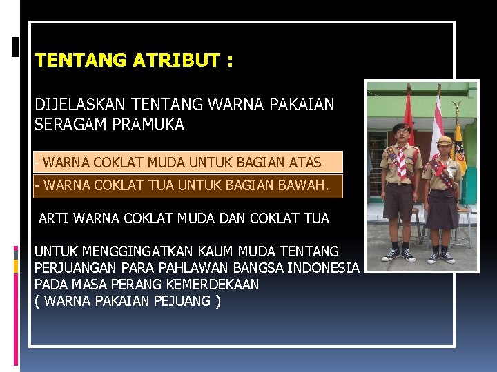 TENTANG ATRIBUT : DIJELASKAN TENTANG WARNA PAKAIAN SERAGAM PRAMUKA - WARNA COKLAT MUDA UNTUK