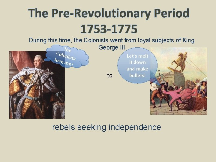 The Pre-Revolutionary Period 1753 -1775 During this time, the Colonists went from loyal subjects