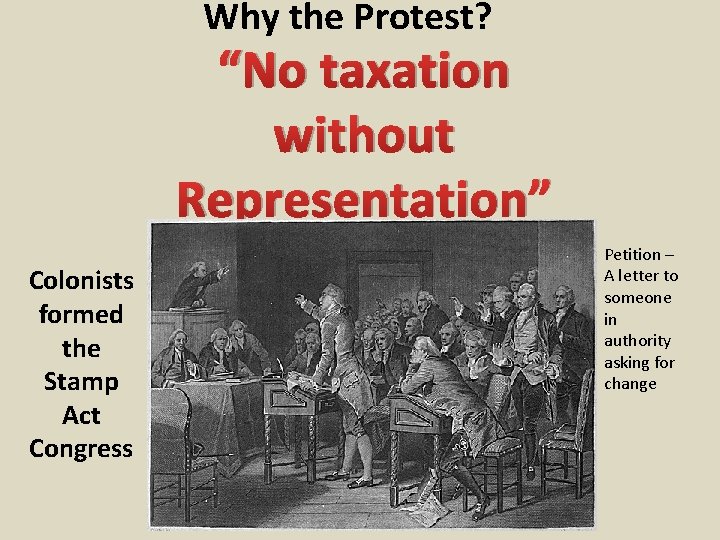 Why the Protest? “No taxation without Representation” Colonists formed the Stamp Act Congress Petition