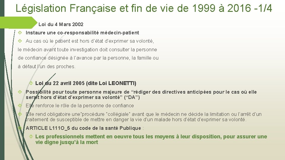 Législation Française et fin de vie de 1999 à 2016 -1/4 Loi du 4